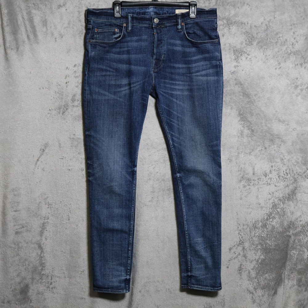 AllSaints Jeans Mens 36x32 Blue Adkins Cigarette Slim Fit Stretch Whiskering